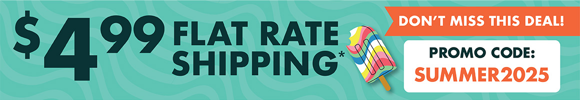 "$4.99 flat rate shipping* with promo code SUMMER2025. Ends 6/18/25. *Restrictions apply; see website for details." and summer graphics
