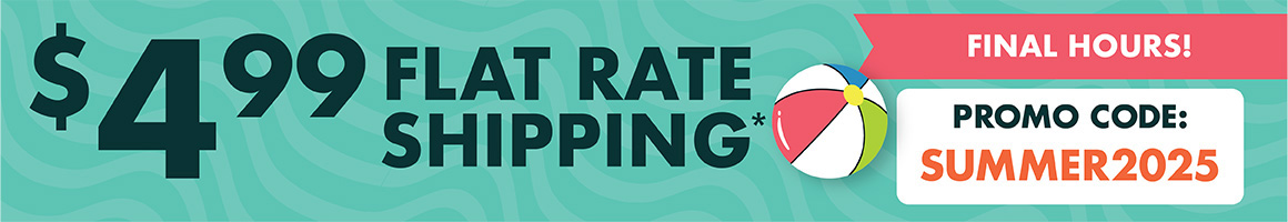 "$4.99 flat rate shipping* with promo code SUMMER2025" and summer graphics