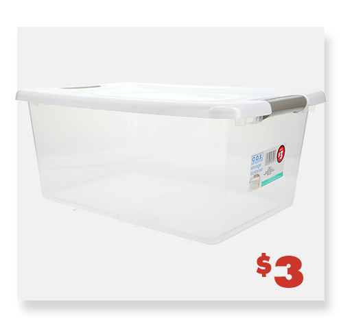 $3 clear plastic storage bin with clip-lock lid