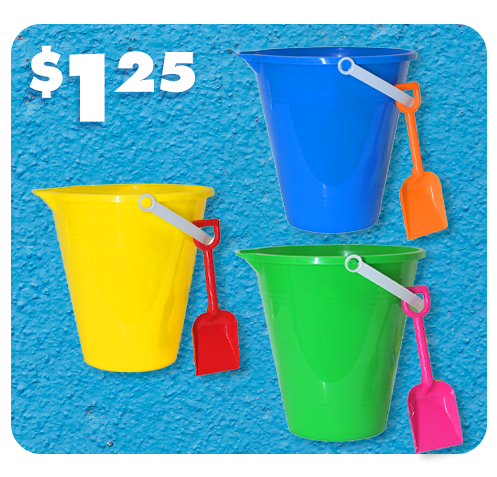 3 plastic beach pails with shovels
