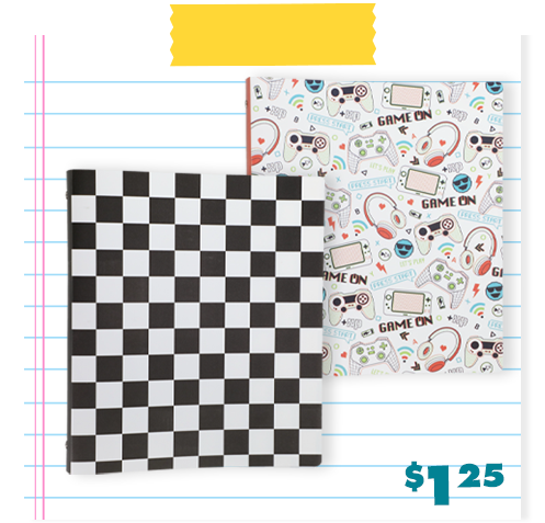 Two 3-ring binders in checker and game prints