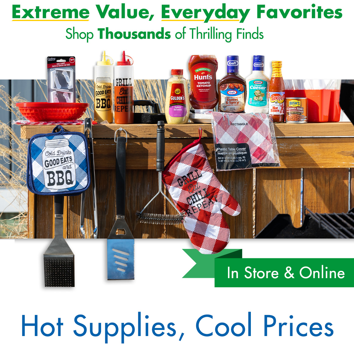 "Extreme Value, Everyday Favorites. Shop thousands of Thrilling Finds" and a picture of grilling supplies outside with a headline saying "Hot Supplies, Cool Prices"