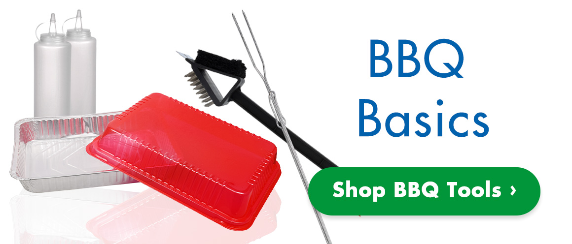 "BBQ Basics. Shop BBQ Tools" and 2 condiment bottles, a foil pan with red lid, and grilling tools