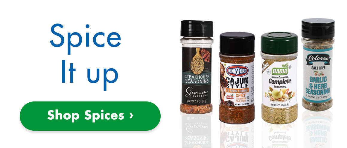 "Spice It up. Shop Spices" and 4 different spices