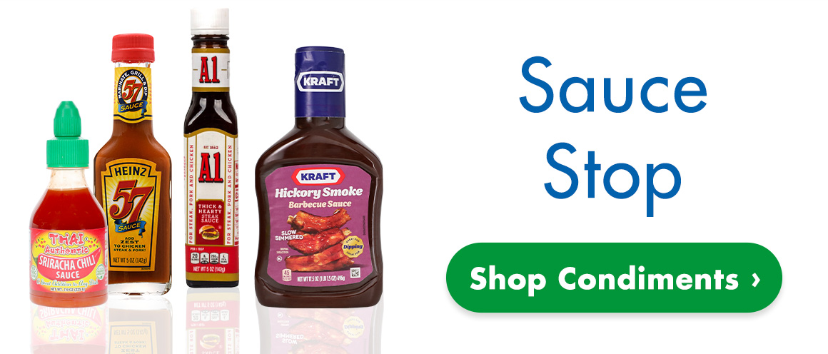 "Sauce Stop. Shop Condiments" and a variety of hot sauces and condiments