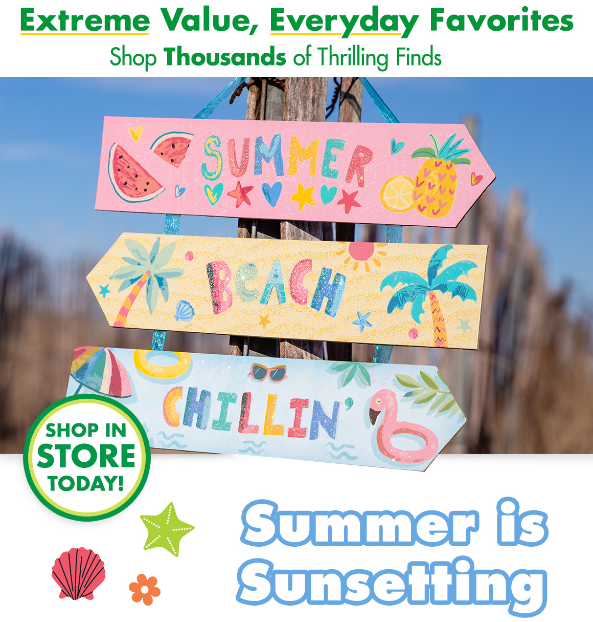"Extreme Value, Everyday Favorites. Shop thousands of Thrilling Finds" and a summer sign at the beach with a headline saying "Summer is Sunsetting"