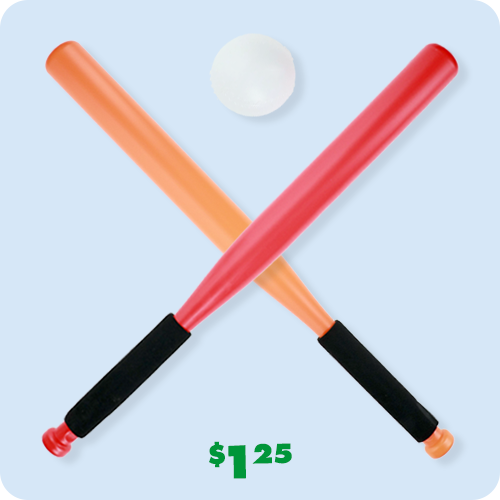 2 plastic baseball bats and a plastic baseball