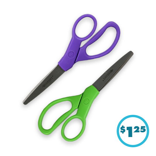 2 pairs of titanium bonded scissors; one purple and one green