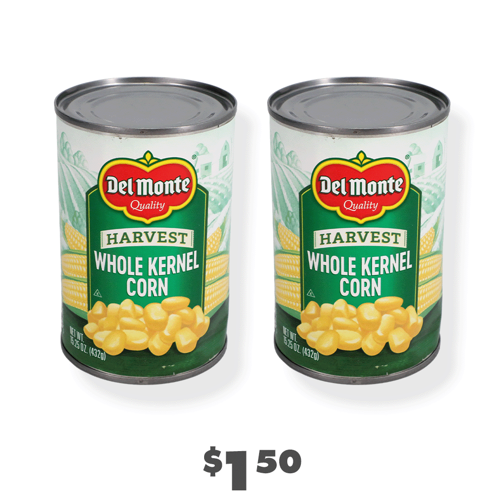 Two 15.25-oz. cans of Del Monte whole kernel corn