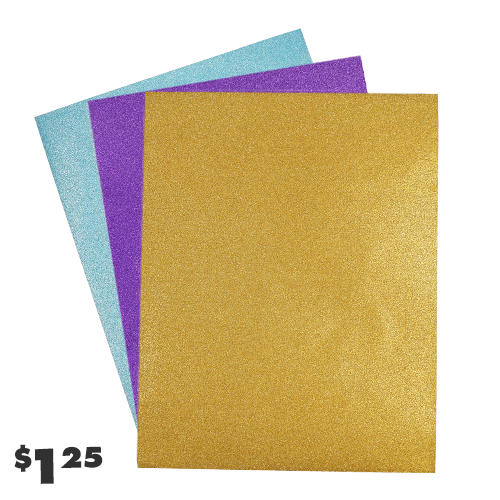 blue, purple and gold sheets of glitter paper