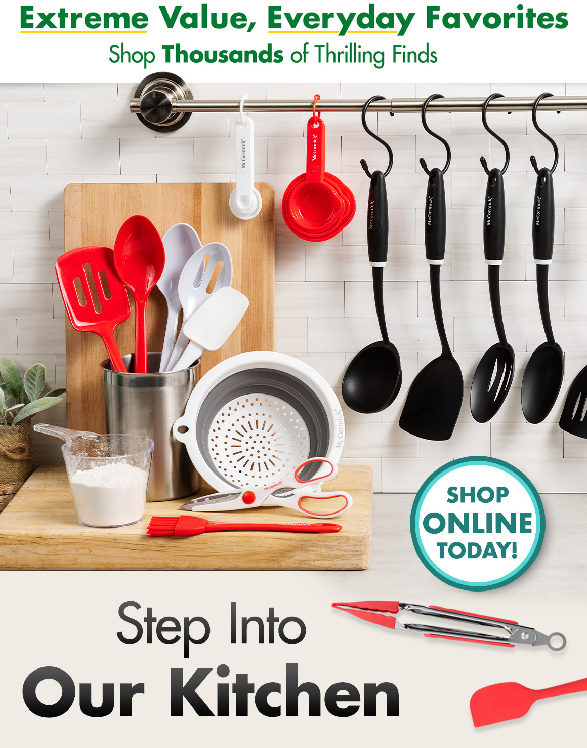 "Extreme Value, Everyday Favorites. Shop thousands of Thrilling Finds" and a picture of kitchen tools arranged on a counter with a headline saying 