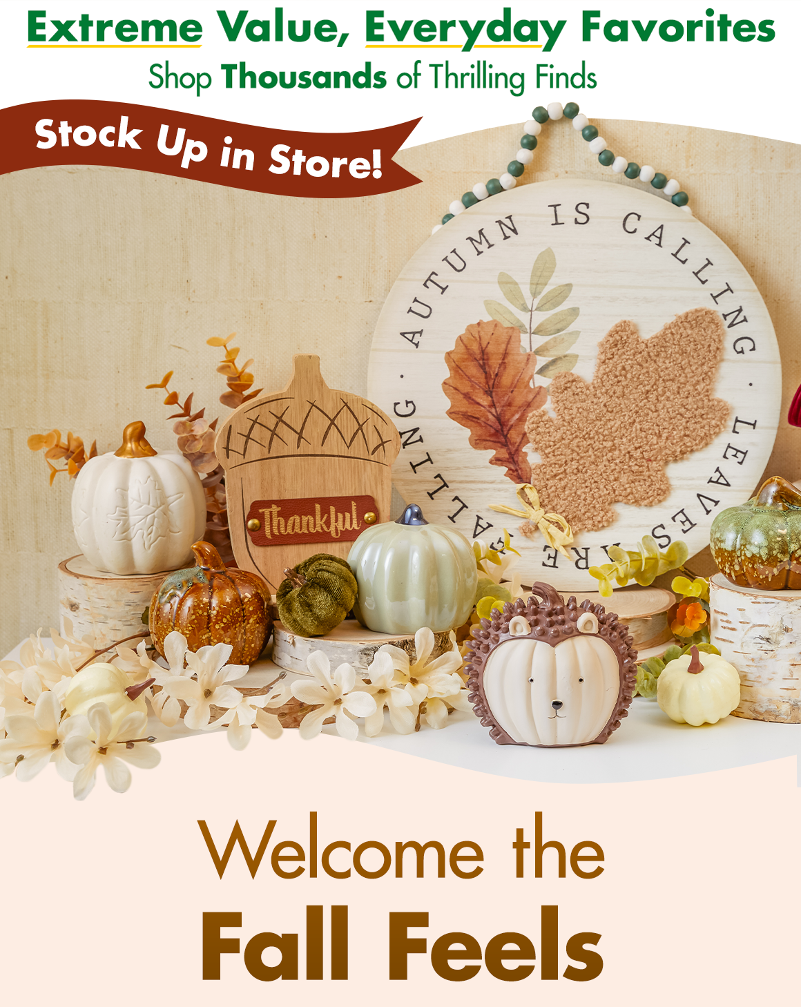 Variety of fall wall decor, pumpkin decorations, and faux fall greenery on a counter