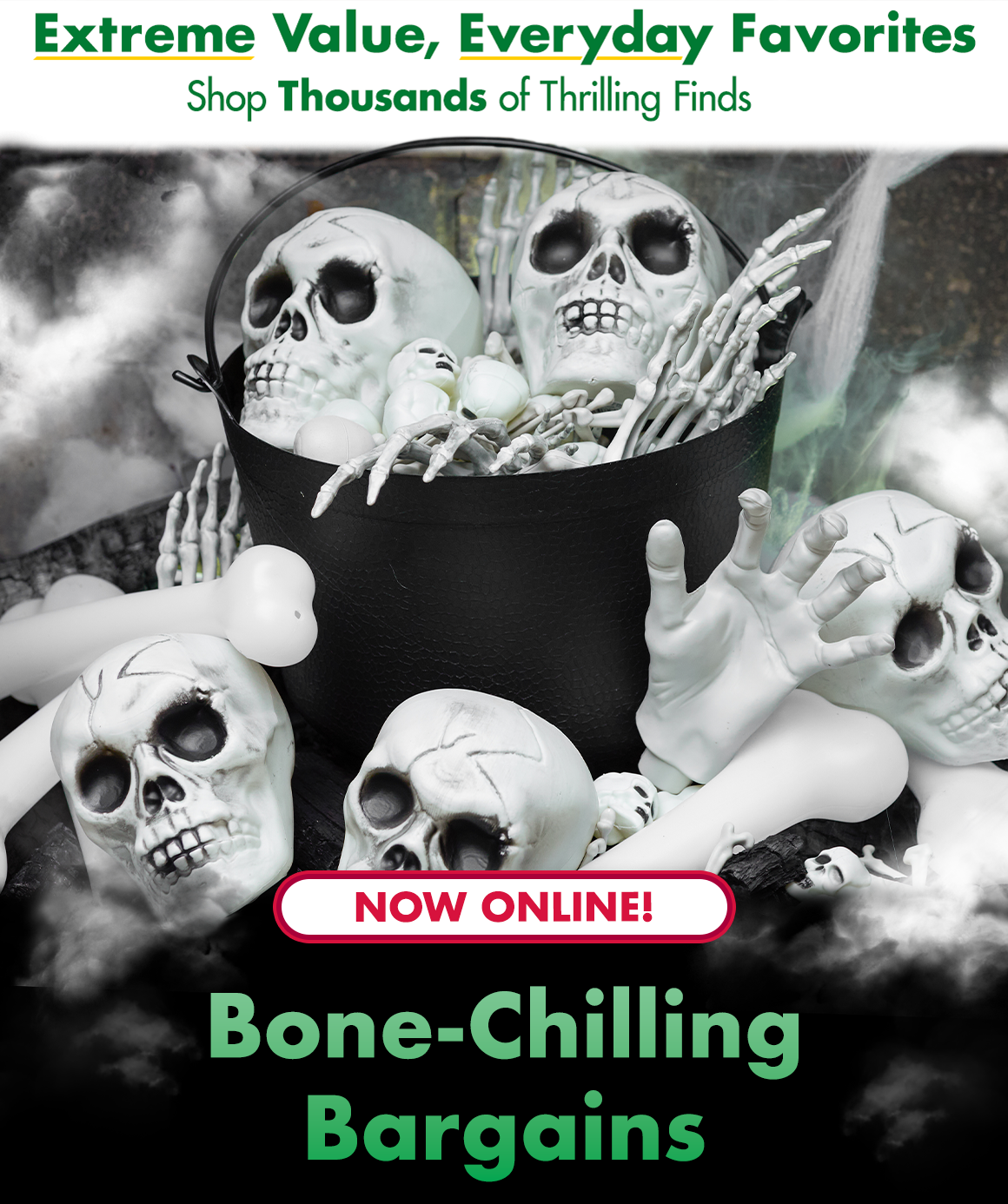 Skeleton bones and skulls in a cauldron