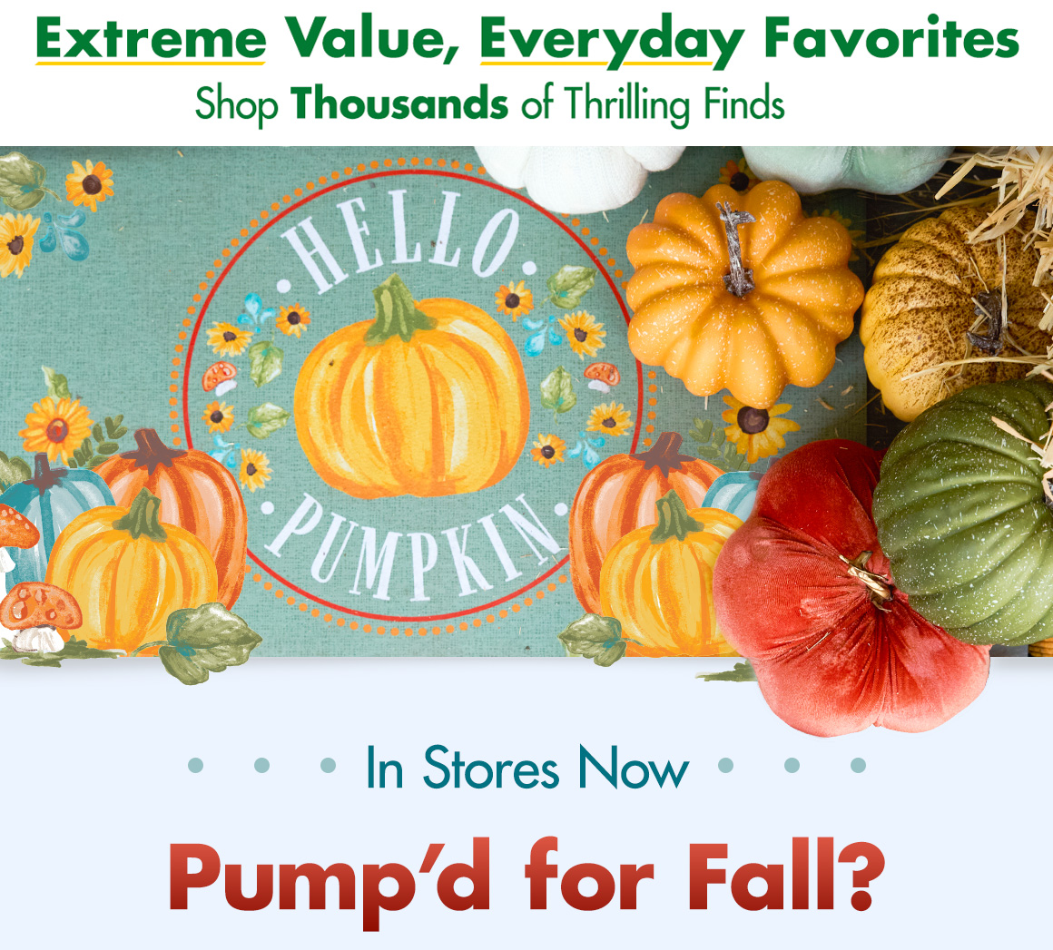 Banner that says "Extreme Value, Everyday Favorites. Shop thousands of thrilling finds" and an image of a pumpkin door mat and pumpkin decor with a headline that says "Pump'd for fall?"