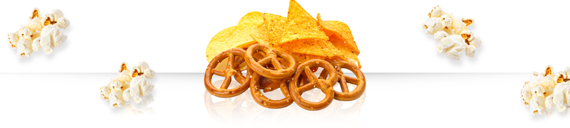 Graphics of snacks including pretzels, popcorn, and chips