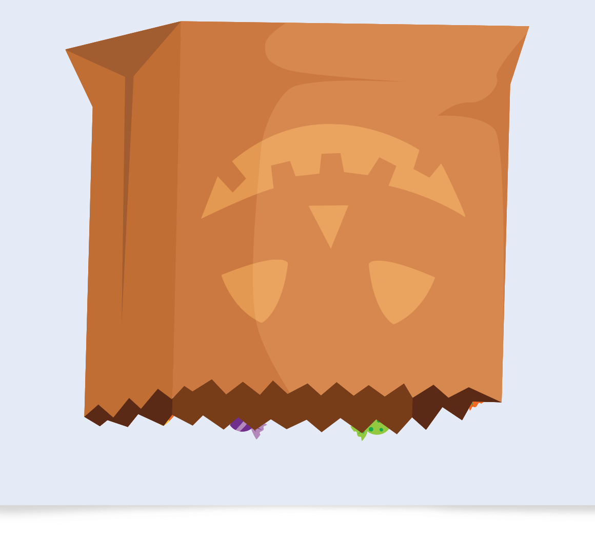 Animation of upside down paper bag with Jack-o-lantern face and candy shaking out.