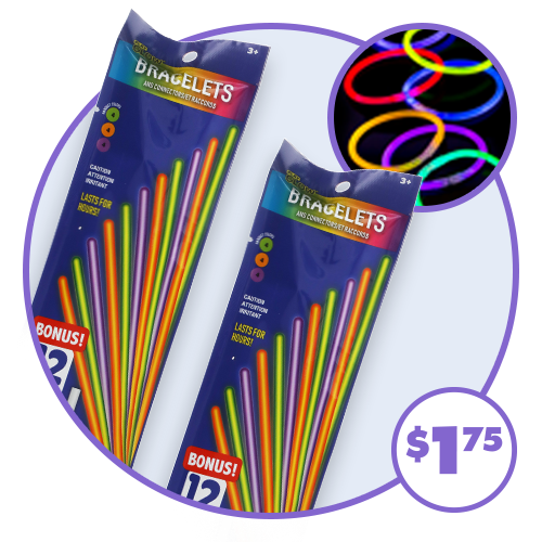 2 packs of 12-ct. glow bracelets and inset image of glowing bracelets