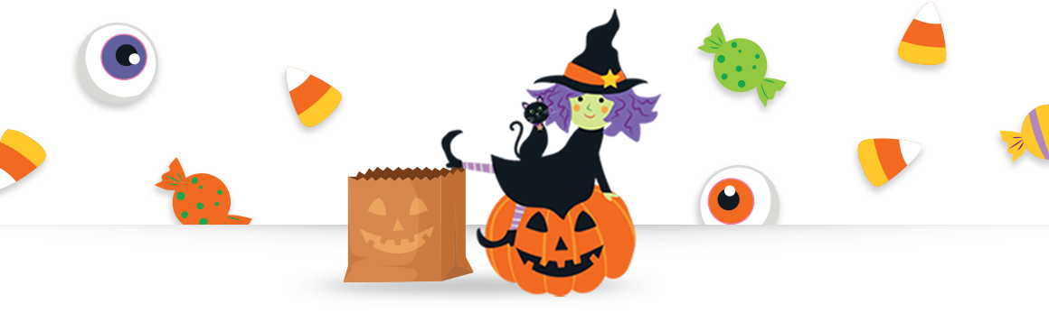 Graphic of falling candy and eyeballs with a treat bag, witch and black cat sitting on a Jack-o-lantern