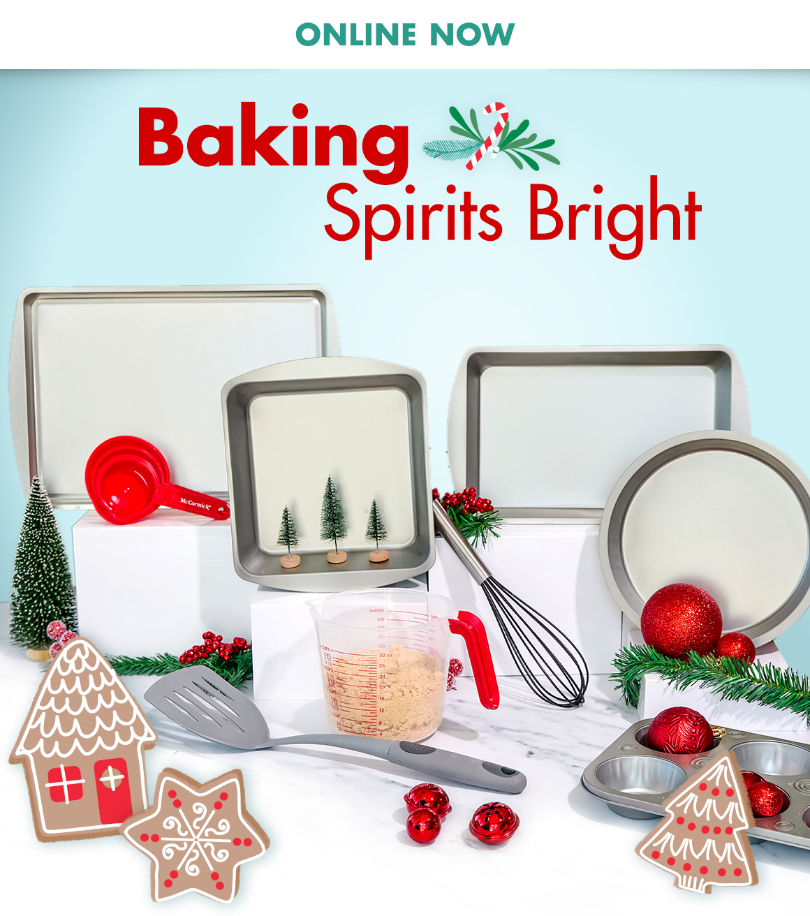 "Baking Spirits Bright" with an image of baking pans and cooking utensils.
