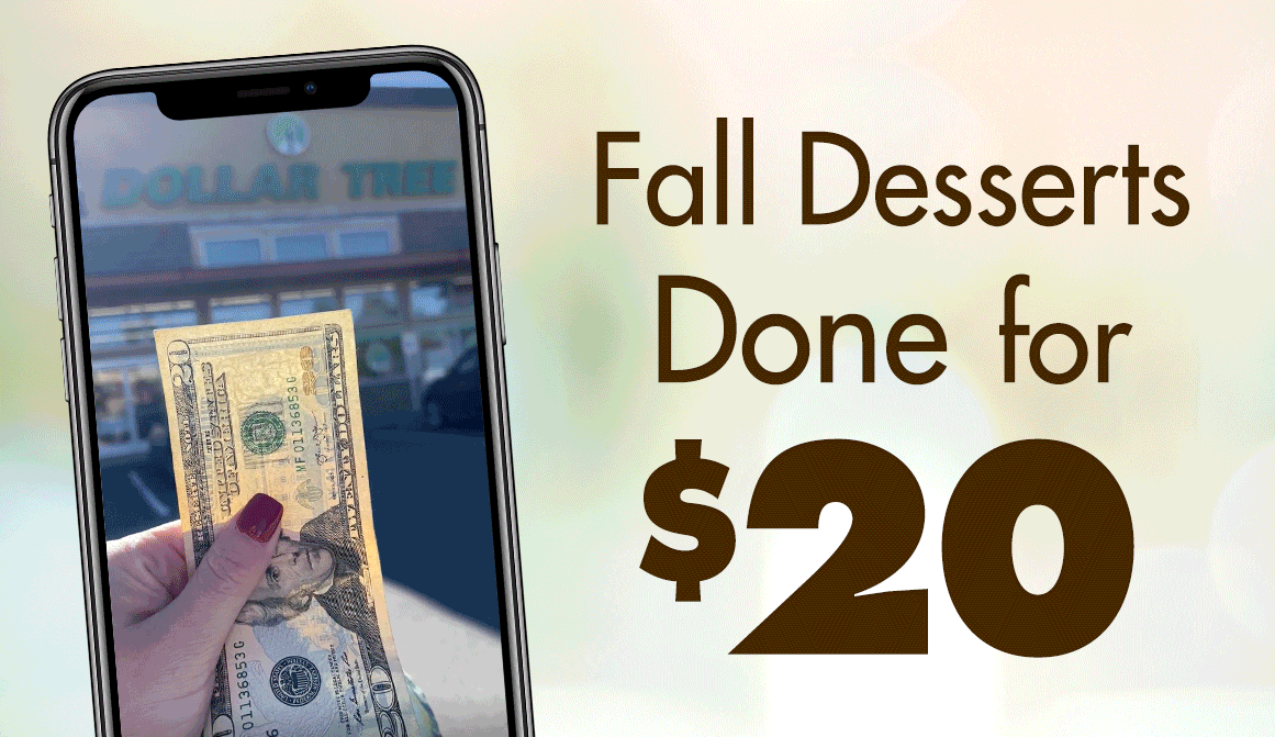 "Fall Desserts Done for $20" and a picture of a phone showing @DollarTreeDinners' video clips on social media