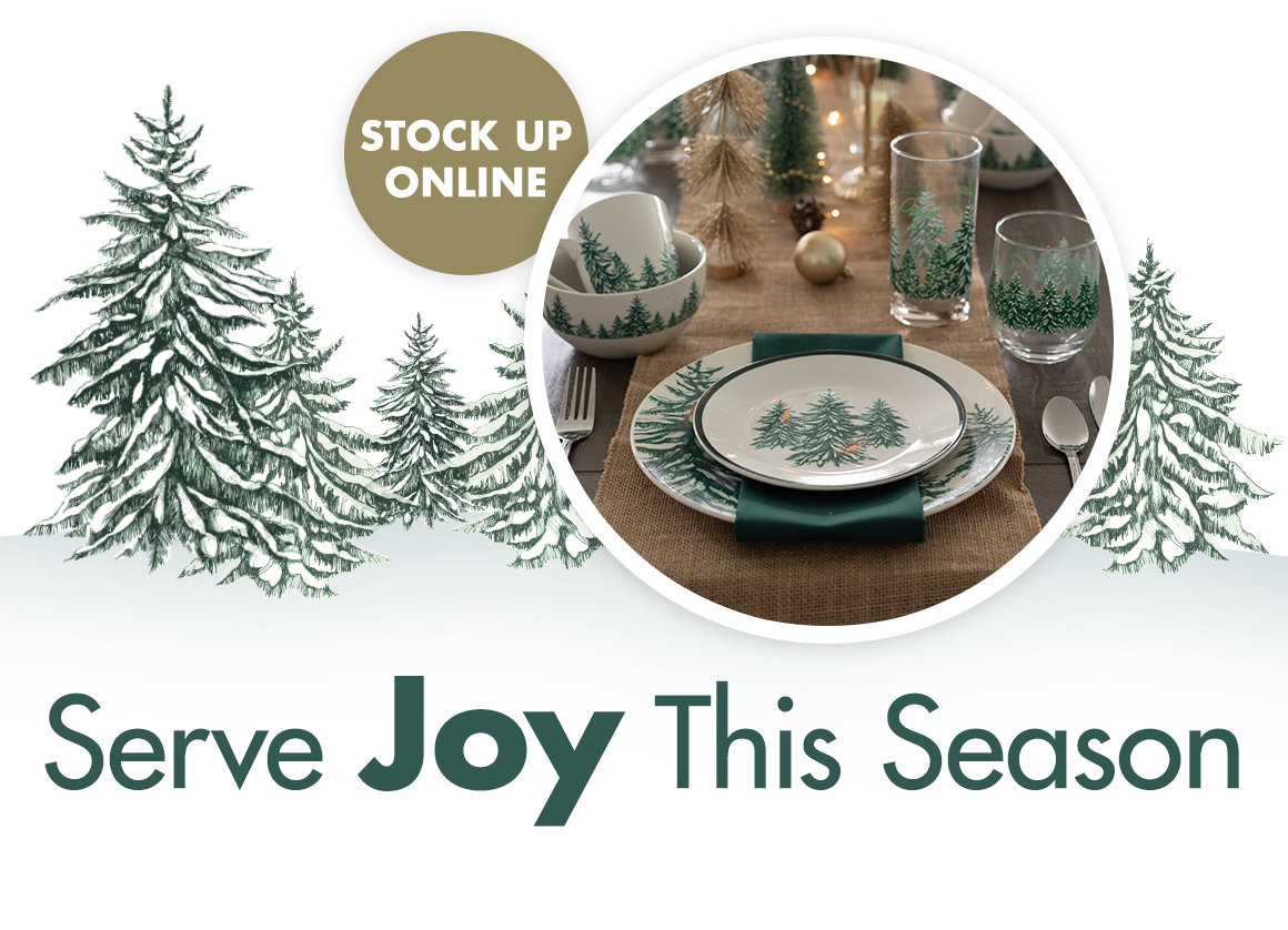 "Stock Up Online. Serve Joy This Season" with Christmas tree graphics on a snowy background.