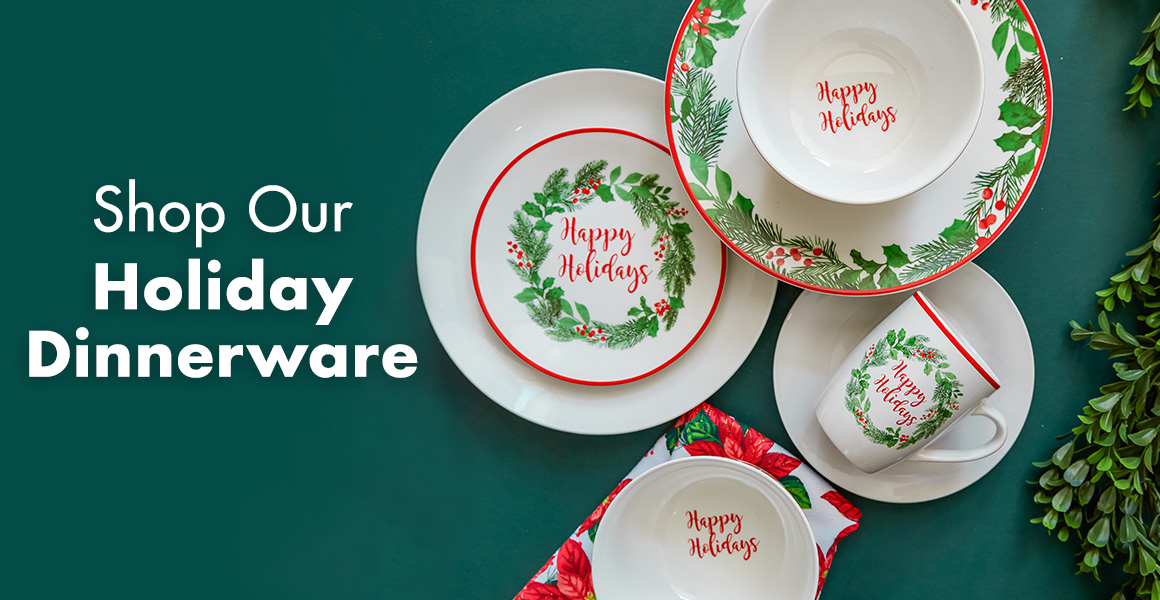 Image of Christmas dinnerware above "Shop Our Holiday Dinnerware"