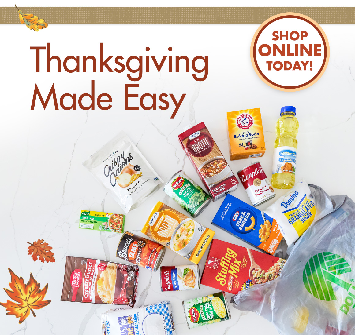 "Thanksgiving Made Easy. Shop Online Today" with ingredients and food items used for Thanksgiving meals.