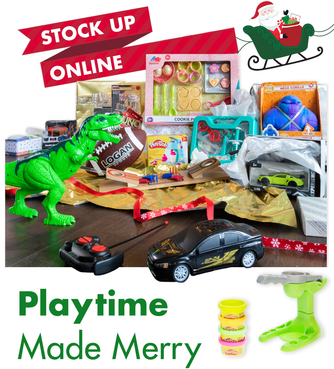 Image of christmas toys in front of a christmas tree saying "Playtime made Merry"