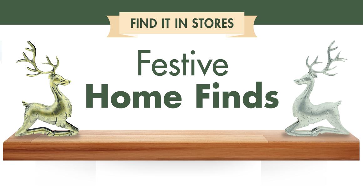 Mantle with deer decor graphics above "Festive Home Finds"