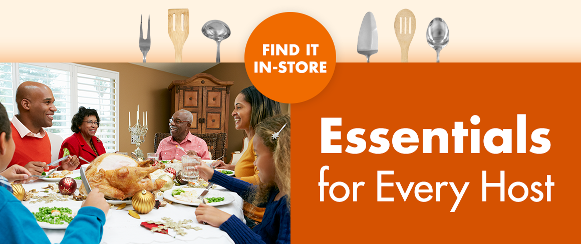 " In Stores Now. Gather, Cook & Celebrate "aloong with graphics of kichen utensils alongside an image of people gathered around a dinner table
