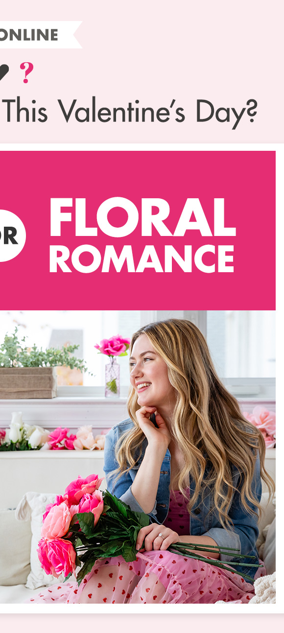 Title 'Floral Romance' with picture of a young woman sitting on a couch smiling and looking away, holding a big bouquet of pink roses.