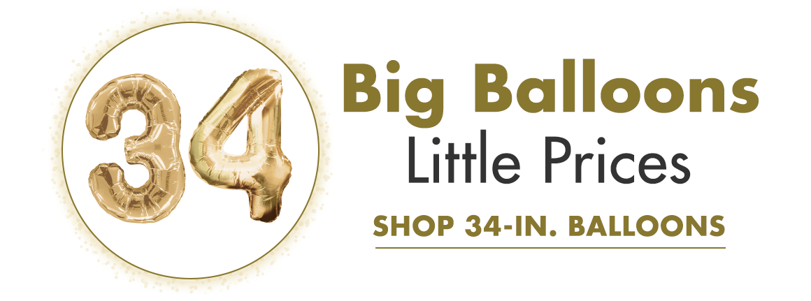 Headline Big Balloons, Little Prices and image of gold foil 34-inch balloons on a white background
