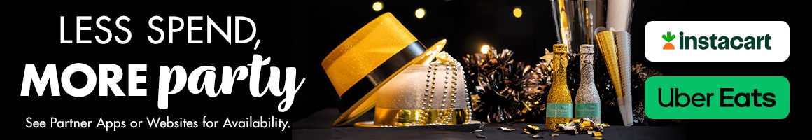 "Less Spend, More Party" and an image of New Year's themed party hats, confetti poppers, and an ice bucket on a black background with soft, out-of-focus lights.