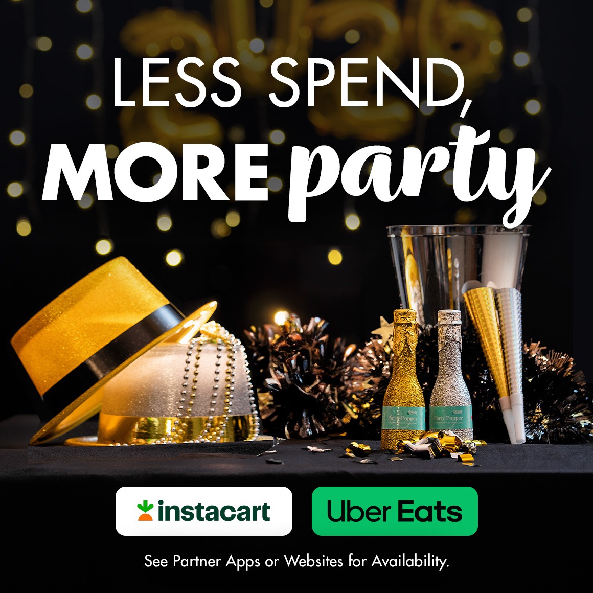 "Less Spend, More Party" and an image of New Year's themed party hats, confetti poppers, and an ice bucket on a black background with soft, out-of-focus lights.