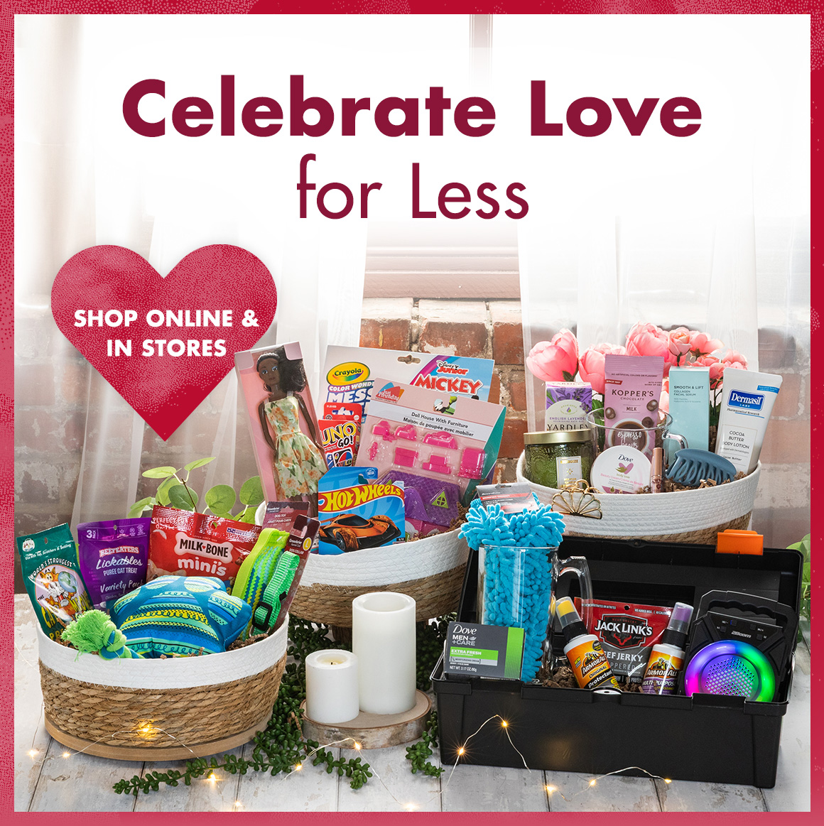 Headline: Celebrate Love for Less and an image of personalized gift baskets filled with goodies