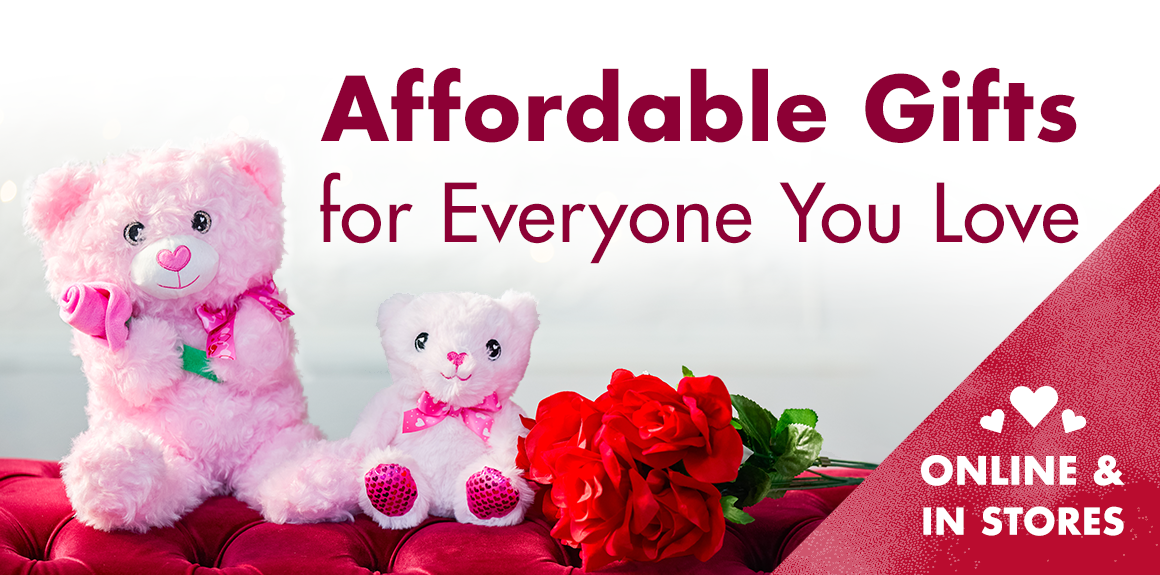 Headline: Affordable Gifts for Everyone You Love and an image of teddy bears and artificial roses