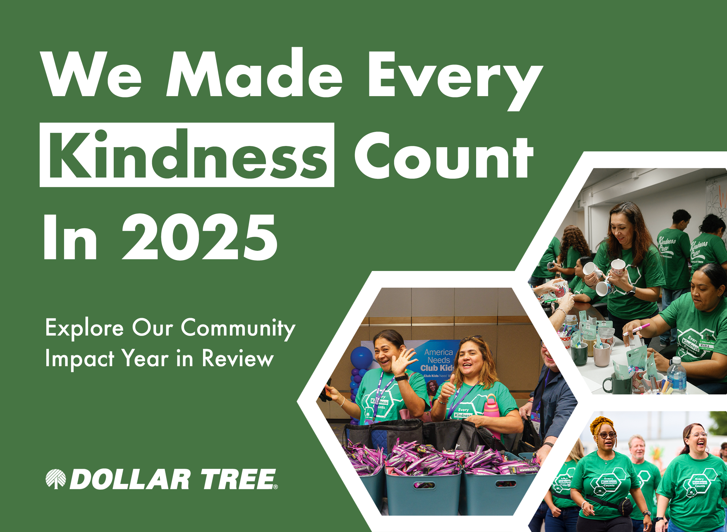 We made every kindness count in 2025. Dollar Tree Kindness Crew associates are shown at various resource packing events. ​                                        ​