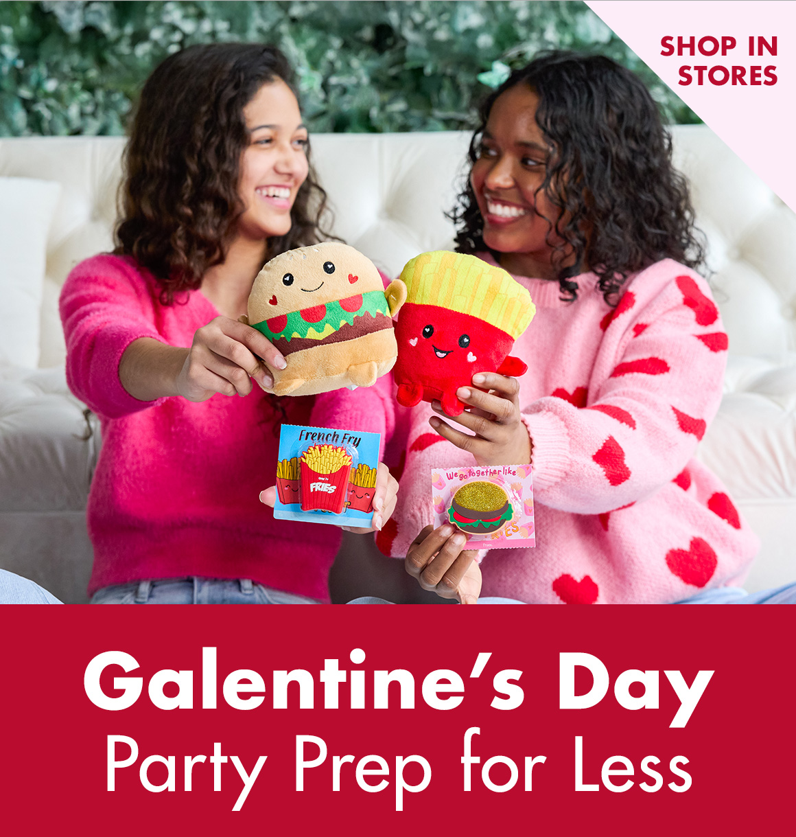 Headline: Galentine's Day Party Prep for Less and an image of two smiling tween girls exchanging cards and stuffed animals