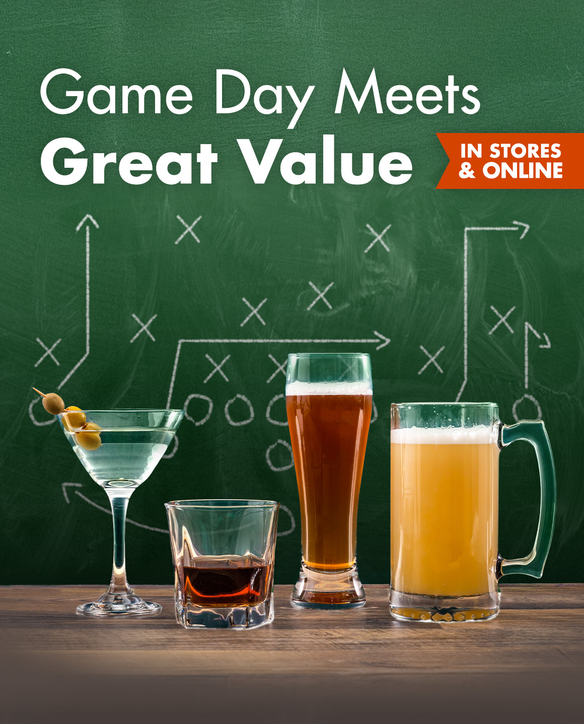 Headline: Game Day Meets Great Value and image of bar glasses filled with liquids in front of a green chalkboard with chalk markings