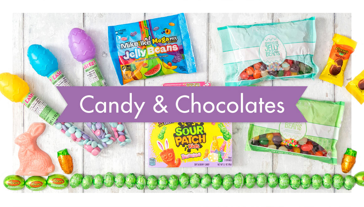 Image of an assortment of Easter candies and chocolates with the headline saying “Candy & Chocolates”