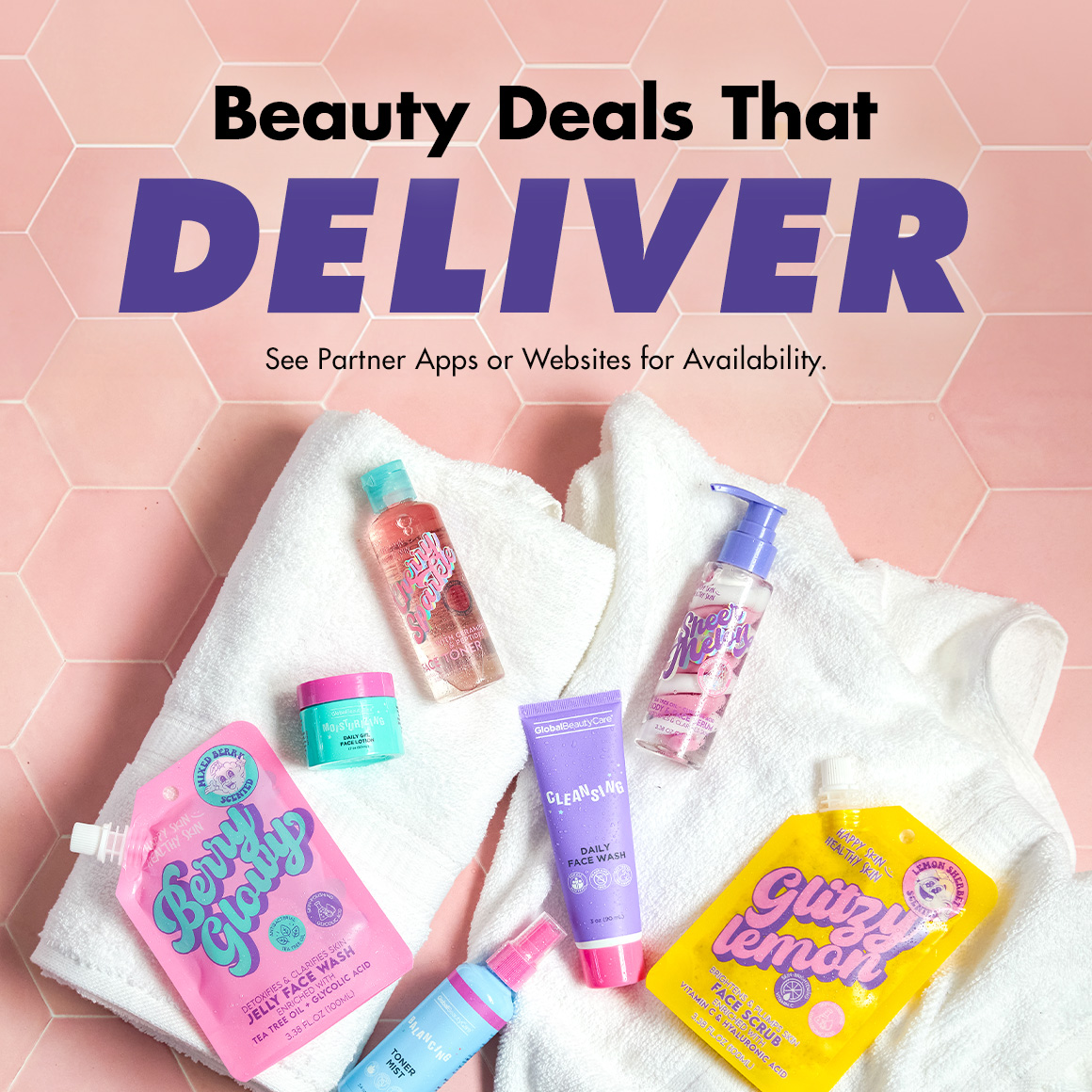 Headline: Beauty Deals That DELIVER and an image of various beauty products and white towels on a pink tile background.