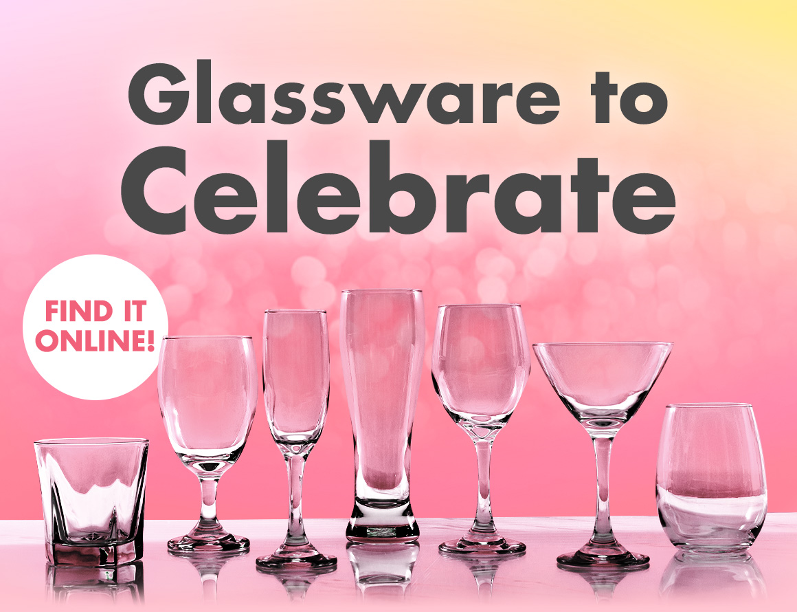 Headline: Glassware to Celebrate and an image of various types of beverage glasses