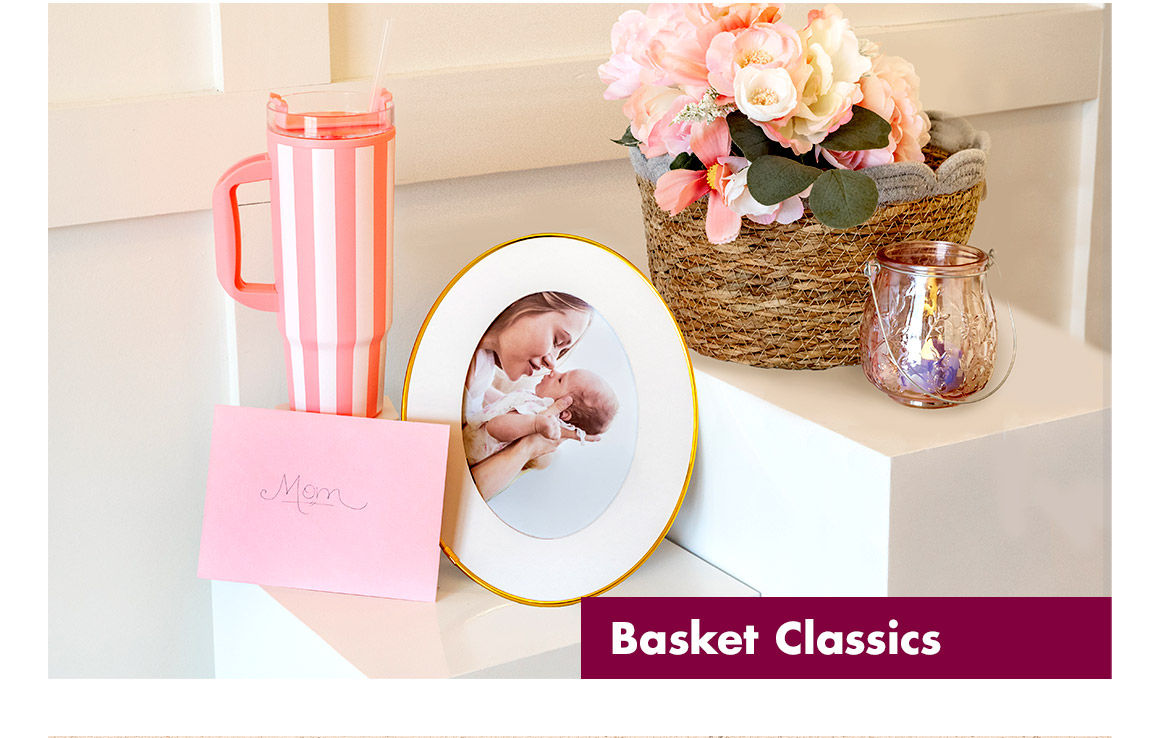 Basket Classics. A greeting card, photo frame, votive candle holder, woven basket holding artificial flowers