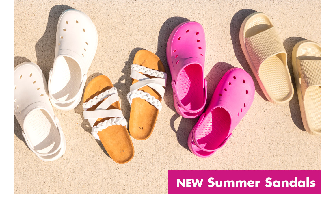 NEW Summer Sandals. Pairs of pink foam clogs, tan foam slides, and  sandals with 4 white straps and a tan footbed