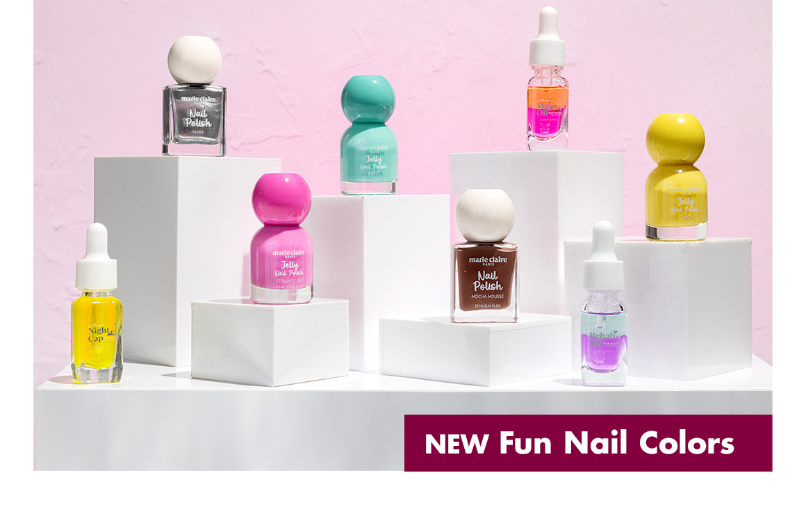 NEW Fun Nail Colors. Pink, turquoise, silver, charcoal, and yellow nail polish bottles on pedestals