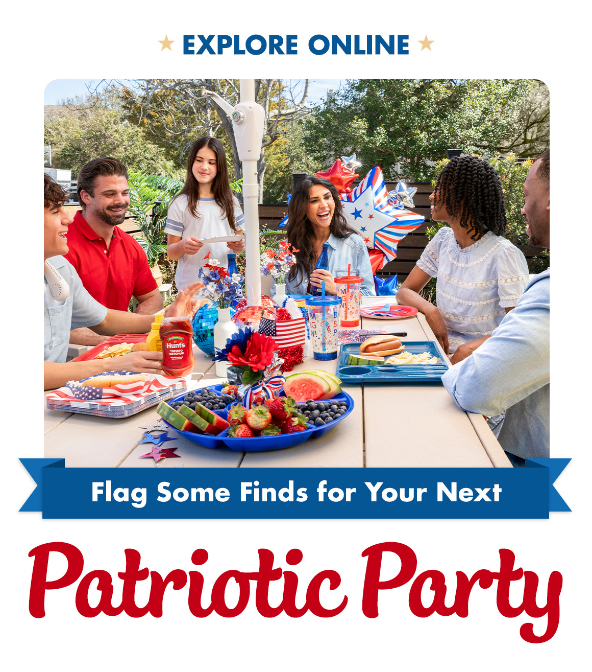 Headline: Flag Some Finds for Your Next Patriotic Party and and image of people outdoors at a cookout with red, white, and blue decorations