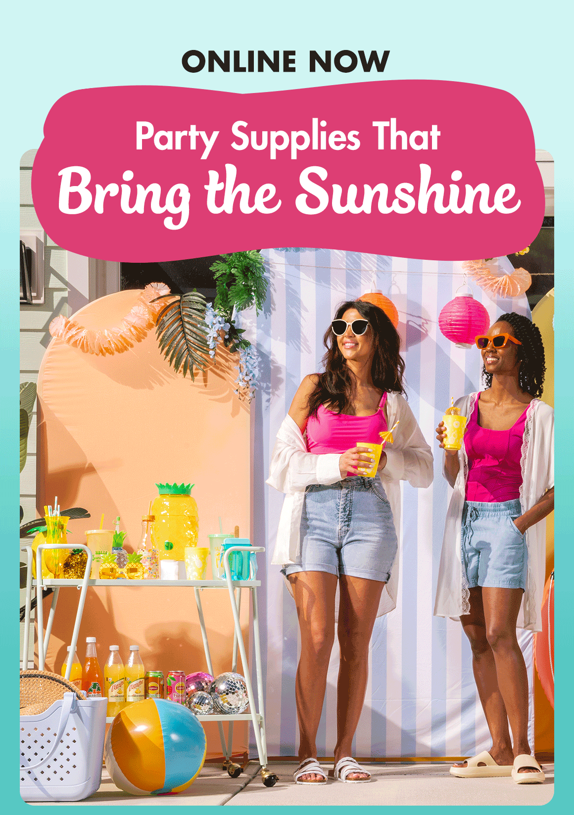 Party Supplies That Bring the Sunshine and a rotating image showing people at a pool party and the décor around them. An image of a table decorated with patriotic decor and cookout food essentials including plates, serving trays, fruit, ketchup and mustard.