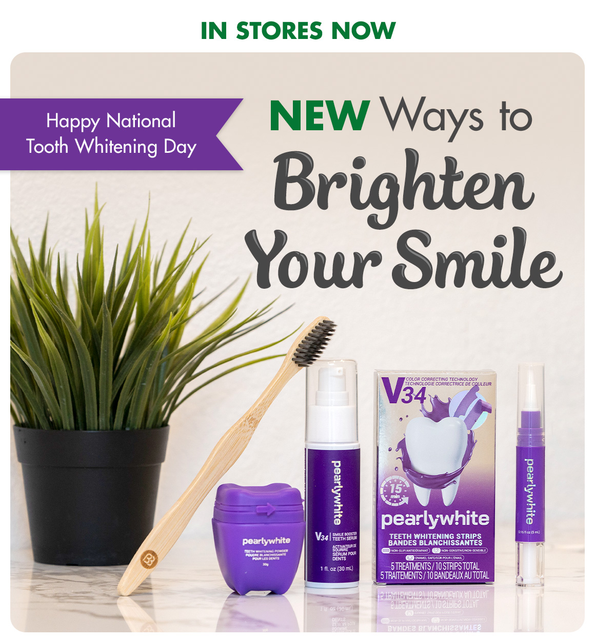 Happy National Tooth Whitening Day. NEW Ways to Brighten Your Smile. Image of tooth whitening products and a toothbrush by a bathroom sink.