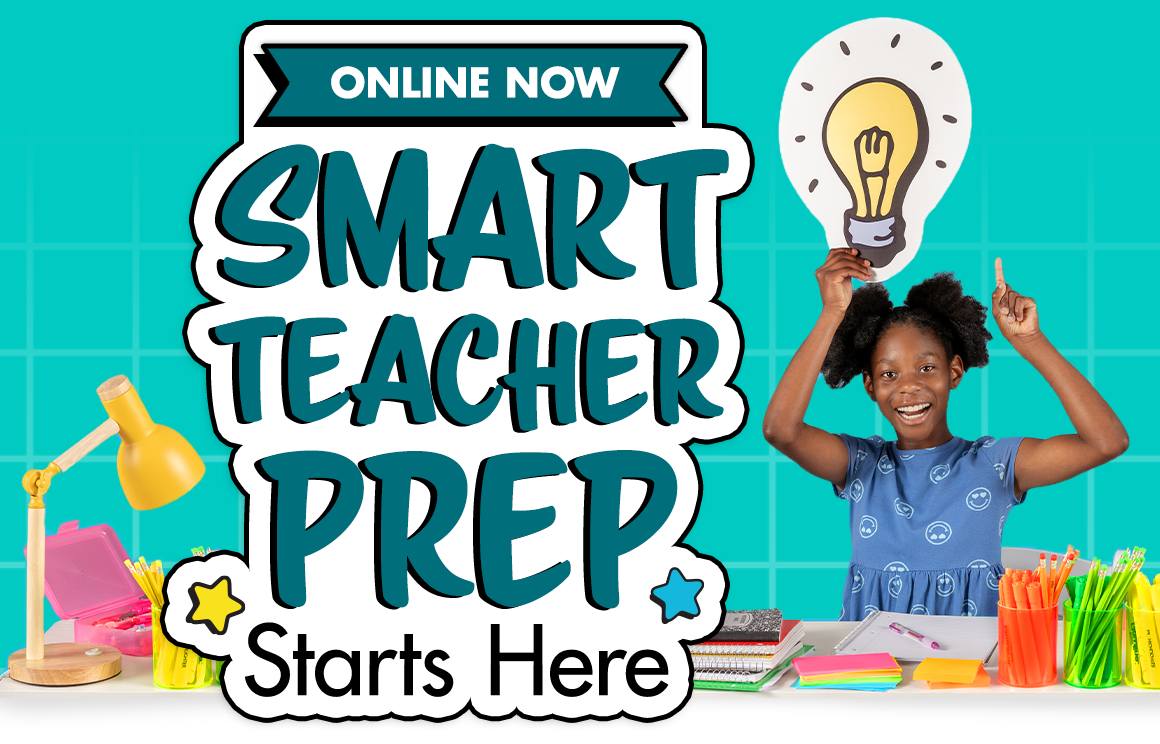 Smart Teacher Prep Starts Here. Image of school-age girl sitting at a desk stacked with notebooks and pencils, holding a cutout picture of a light bulb over her head.