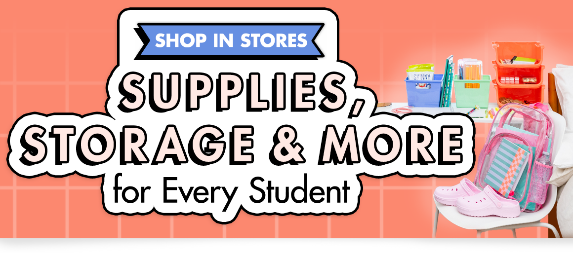 Supplies, Storage & More for Every Student. A desk with with organized school and office supplies next to a bed.